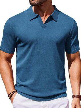 Women's Demin Blue V-Neck Short Sleeve Stretch Knit Polo Shirt Top